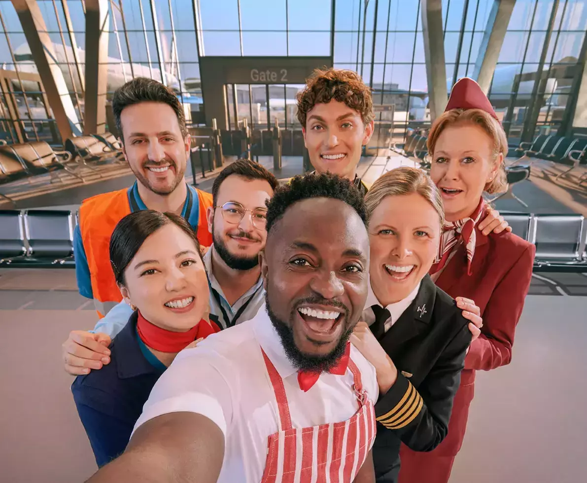 Diverse professionals in airport uniforms
